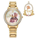 Front view of Citizen FE7048-51D women's gold-tone watch with mother-of-pearl dial and crystal accents, accompanied by a matching rose pin.
