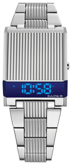 Bulova Computron 96C139 LED digital watch with a blue display and stainless steel bracelet—front view.