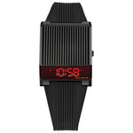 Front view of the Bulova Computron 98C135 showcasing its black ion-plated trapezoidal case and red LED digital display.