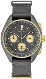 Bulova 98A285 Lunar Pilot 50th Anniversary Limited Edition watch featuring a grey dial with gold-tone accents, encased in Grade 5 titanium—front view.