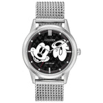 Citizen FE7060-56W watch featuring a black dial with embossed Mickey Mouse design, silver-tone stainless steel case, and mesh bracelet—front view.