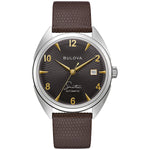 Front view of the Bulova 96B348 showcasing the stainless steel case, textured black dial with gold-tone hands, and Frank Sinatra's signature.