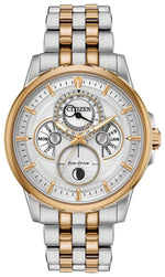 Citizen BU0056-57A watch front view with silver dial, two-tone stainless steel case, spherical mineral crystal, and analog month/day/date plus moon-phase subdials.