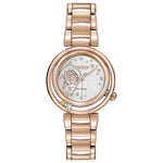 Citizen EM0823-58D watch featuring a champagne Mother-of-Pearl dial with diamond accents and red rose silhouette, 30mm rose gold-tone stainless steel case, and bracelet—front view.