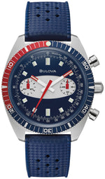 Bulova Chronograph A "Surfboard" 98A253 front view showcasing the stainless steel case with blue and red bezel, blue dial with white oval encircling sub-dials, and red-tipped hands.