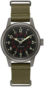 Bulova 98A255 Hack watch featuring a black dial with luminescent markers and a gray ion-plated stainless steel case—front view.