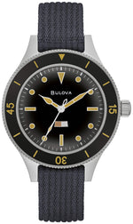 Bulova 98A266 MIL-SHIPS-W-2181 watch featuring a black dial with moisture indicator and luminous markers—front view.