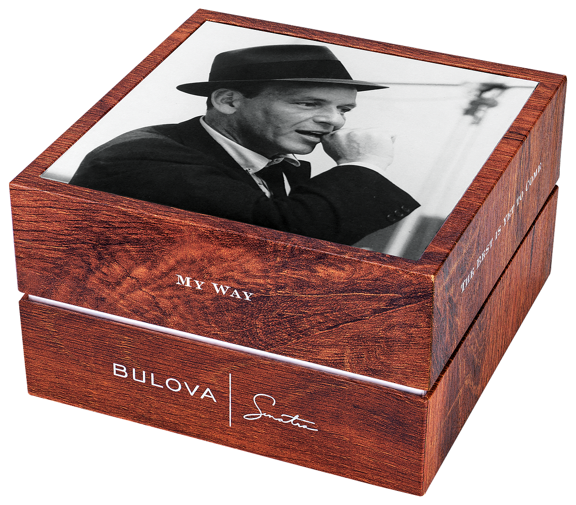 Bulova 'Fly Me to the Moon' watch packaging featuring a branded box and authentication materials.