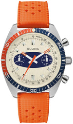 Front view of the Bulova Chronograph A 98A254 showcasing its stainless steel case, off-white dial with blue "surfboard" oval, and orange silicone strap.