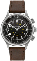 Bulova A-15 Pilot Automatic 96A245 front view showcasing the 42mm stainless steel case, black dial with dual rotating inner discs, and luminous silver-tone hands.
