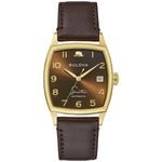 Bulova Frank Sinatra 'Young At Heart' 97B198 watch showcasing a gold-tone tonneau-shaped case and whiskey sunray dial with gold-tone accents.