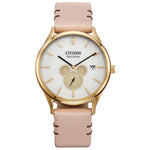 Citizen BV1132-08W watch featuring an ivory sunray dial with Mickey Mouse silhouette cut-out, 40mm gold-tone stainless steel case, and pink leather strap—front view.