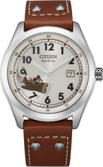 Citizen BV1088-08W with ivory dial featuring Mickey Mouse in a vintage airplane, the propeller spinning as a sub-seconds hand, stainless steel case, and tan leather strap—front view.