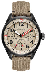 Citizen BU2055-08X Chandler watch front view with ivory sand-toned dial, analog day/date and 12/24-hour subdials, luminous hands, and black ion-plated case.