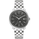 Bulova Frank Sinatra 'The Best Is Yet To Come' 96B346 watch showcasing a stainless steel case and black plaid-textured dial with silver-tone accents.