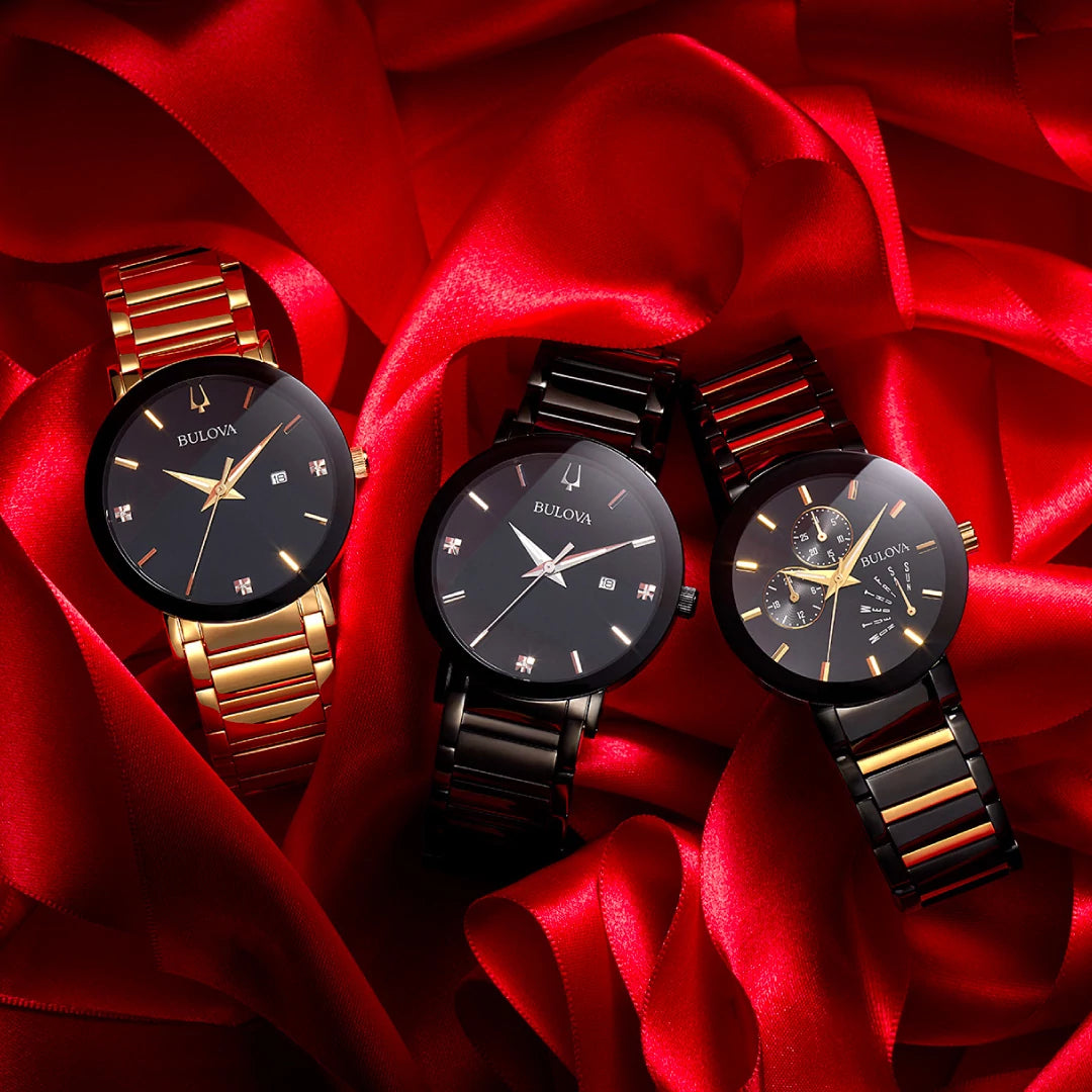Bulova Futuro Collection watches – featuring models 97D116, 98D144, and 98C124, showcasing sleek geometric cases and modern, minimalist designs.