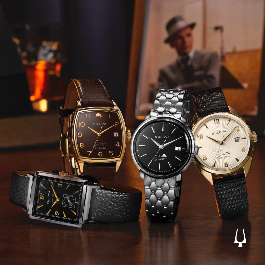 Bulova Frank Sinatra Collection – showcasing models 98A161, 97B198, 96B346, and 97B196, with vintage-inspired designs, automatic movements, and signature details.