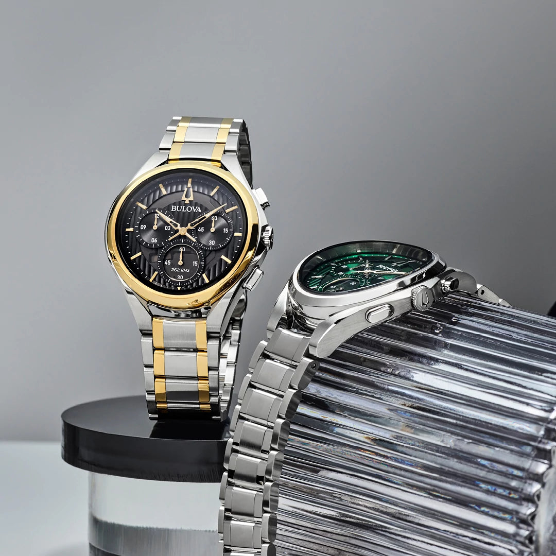Bulova CURV Collection watches – featuring models 98A301 and 96A297, showcasing the world’s first curved chronograph movement with sleek, ergonomic design.