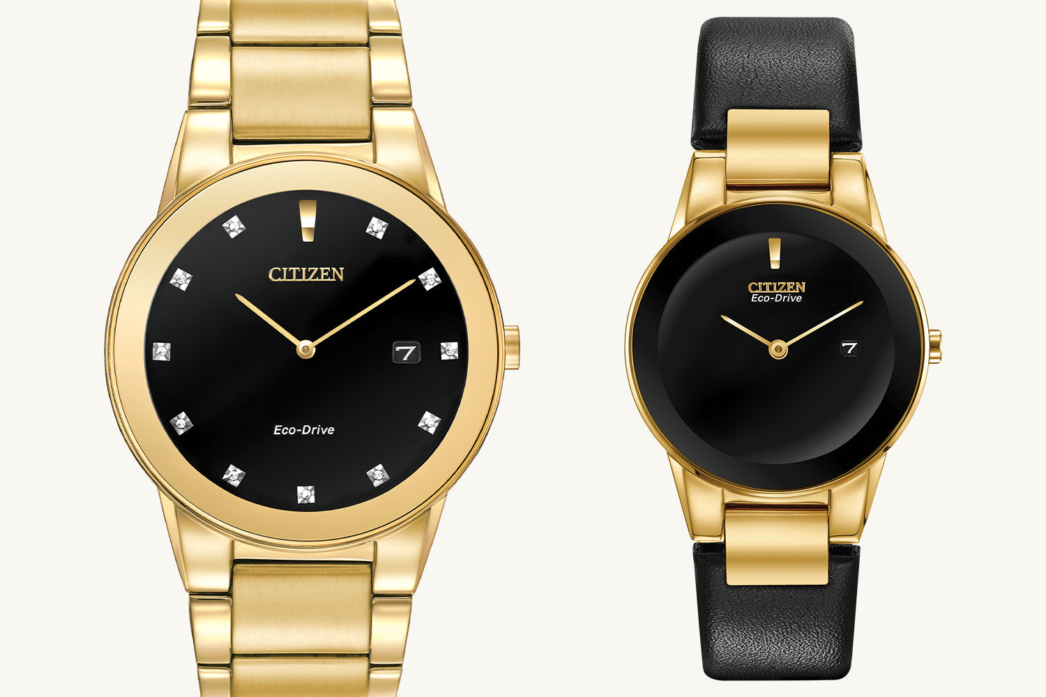 Citizen Axiom Collection – featuring models AU1062-56G and GA1052-04E, showcasing sleek, minimalist designs with edge-to-edge glass and Eco-Drive technology.