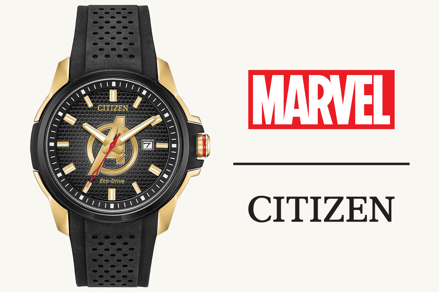Citizen Marvel Collection – featuring model AW1155-03W alongside superhero-inspired designs like Black Panther, Captain America, and Spider-Man.