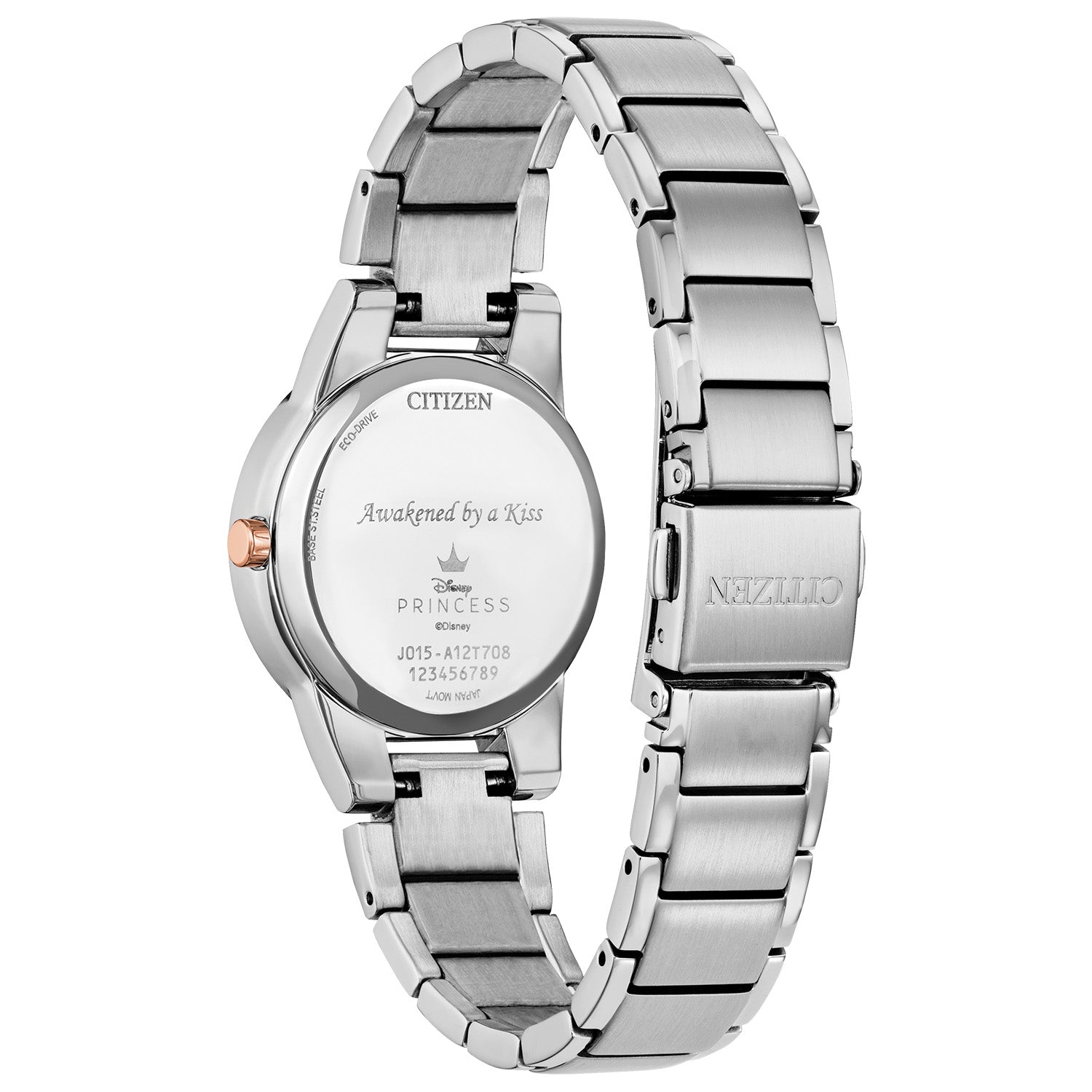 Back view of the Citizen Disney Princess Aurora Enchanted Watch GA1081-65N, highlighting the stainless steel case back and bracelet clasp.​