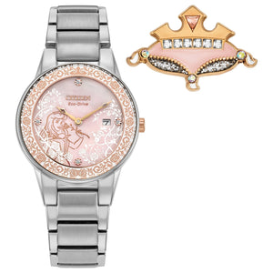 Citizen Disney Princess Aurora Enchanted Eco-Drive Watch GA1081-65N with a silver-tone stainless steel case, pink mother-of-pearl dial featuring rose-gold floral accents, and crystal hour markers—front view.