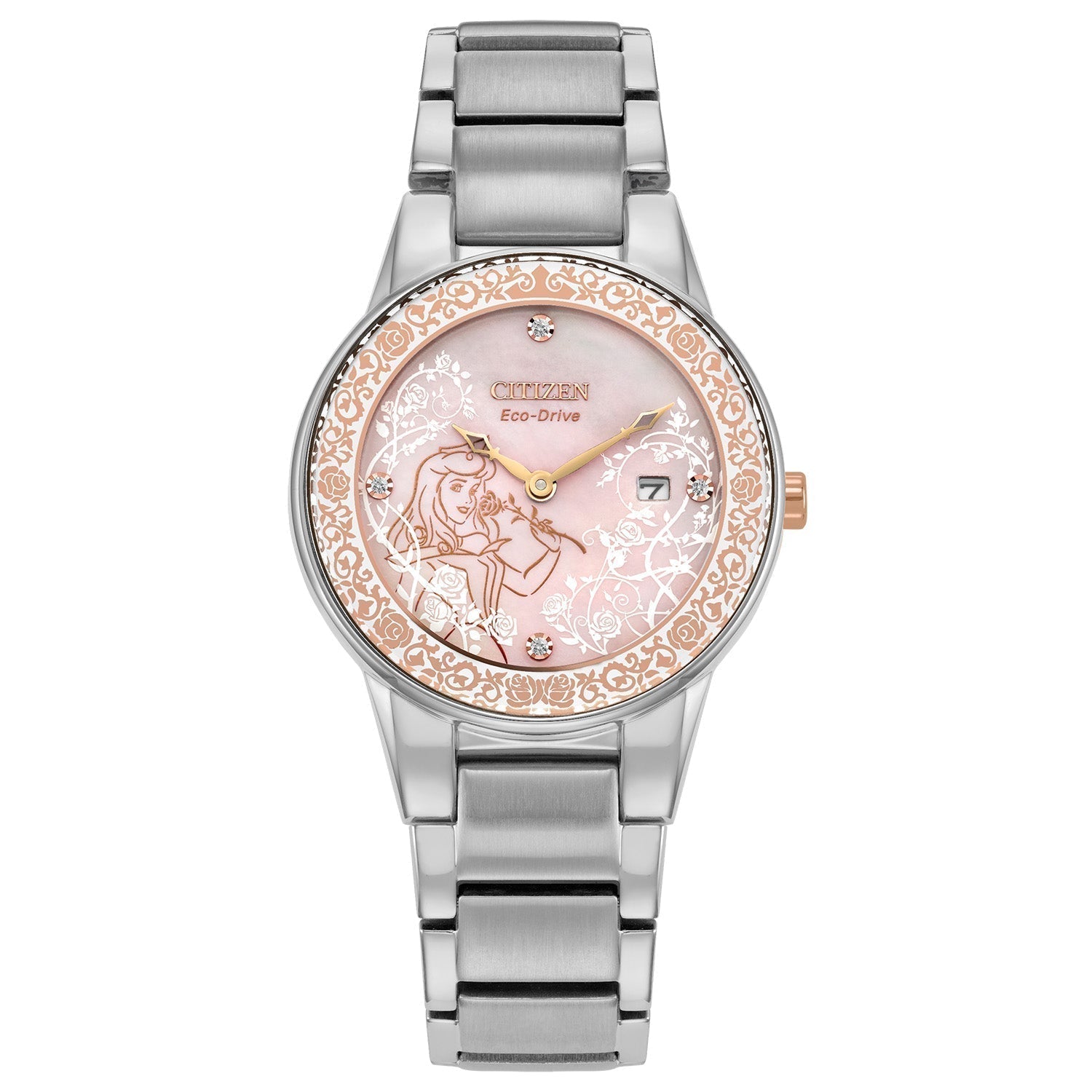 Citizen Disney Princess Aurora Enchanted Eco-Drive Watch GA1081-65N with a silver-tone stainless steel case, pink mother-of-pearl dial featuring rose-gold floral accents, and crystal hour markers—front view.