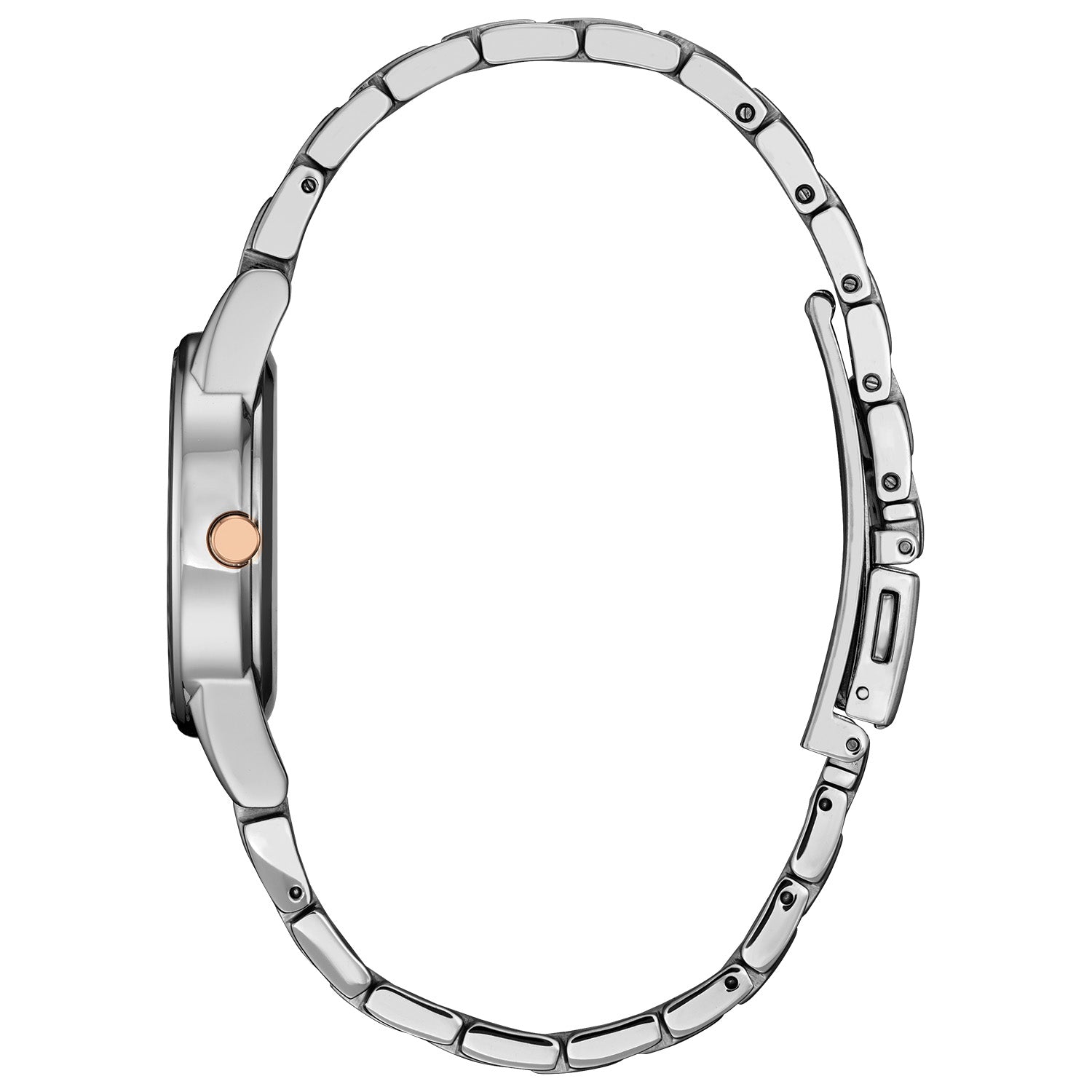  Side profile of the Citizen Disney Princess Aurora Enchanted Watch GA1081-65N, showcasing the sleek silver-tone case and bracelet.​