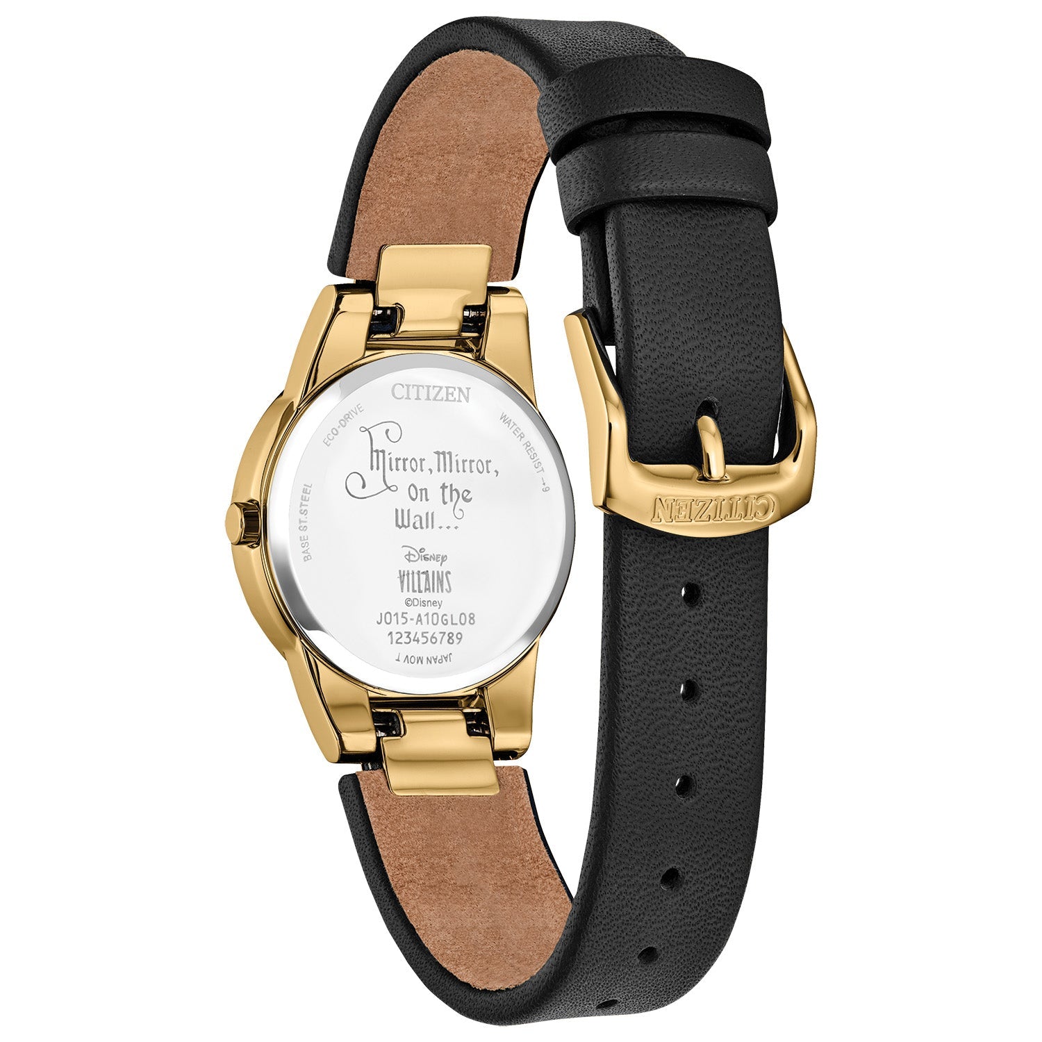 Back view of the Citizen Eco-Drive Disney Evil Queen Shadow Watch GA1082-46W, showcasing the case back and pin attachment.