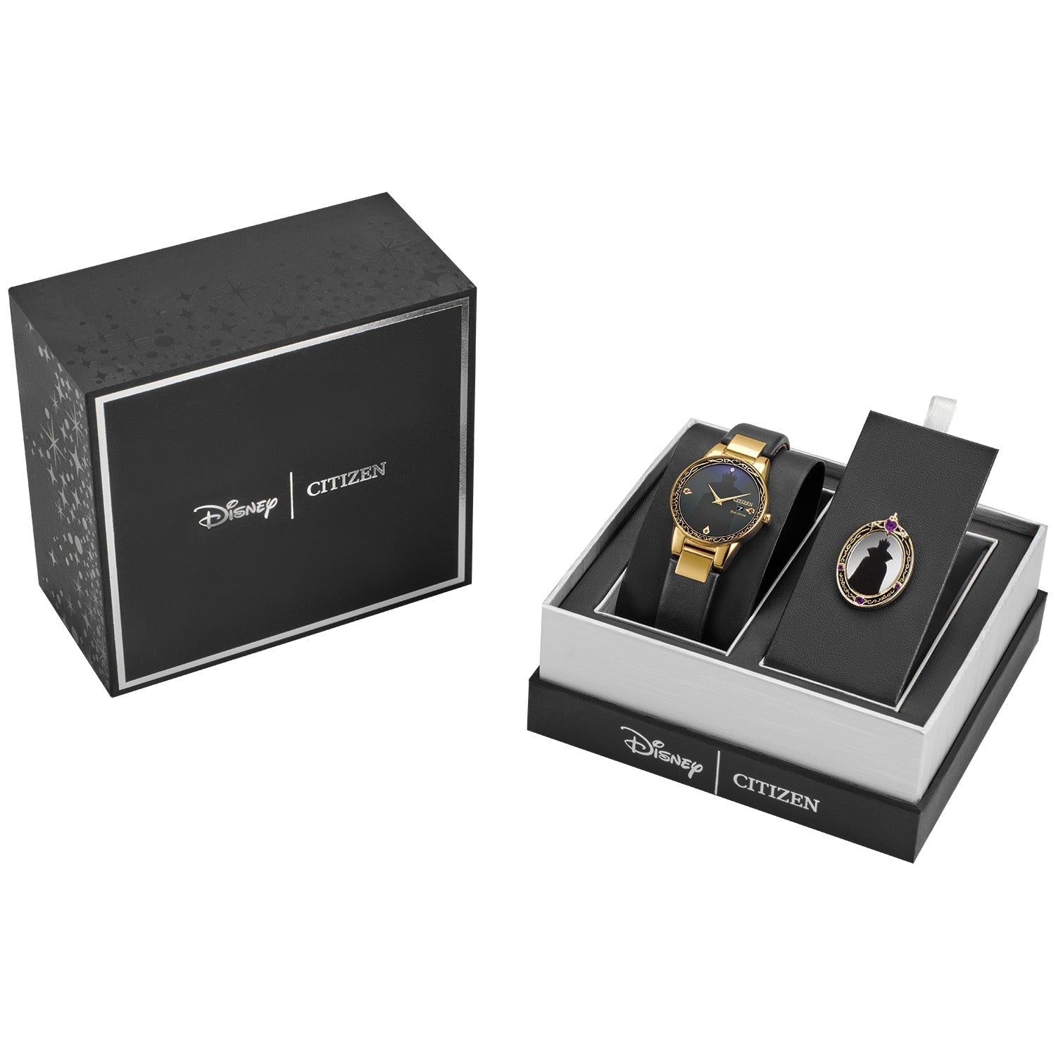 Citizen Eco-Drive Disney Evil Queen Shadow Watch GA1082-46W presented in a branded box with the matching oval pin included.