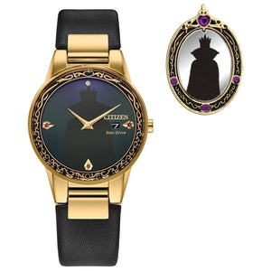 Citizen Eco-Drive Disney Evil Queen Shadow Watch GA1082-46W featuring a 29.5mm gold-tone stainless steel case, deep black dial with Evil Queen design, crystal markers, and black leather strap—front view.​
