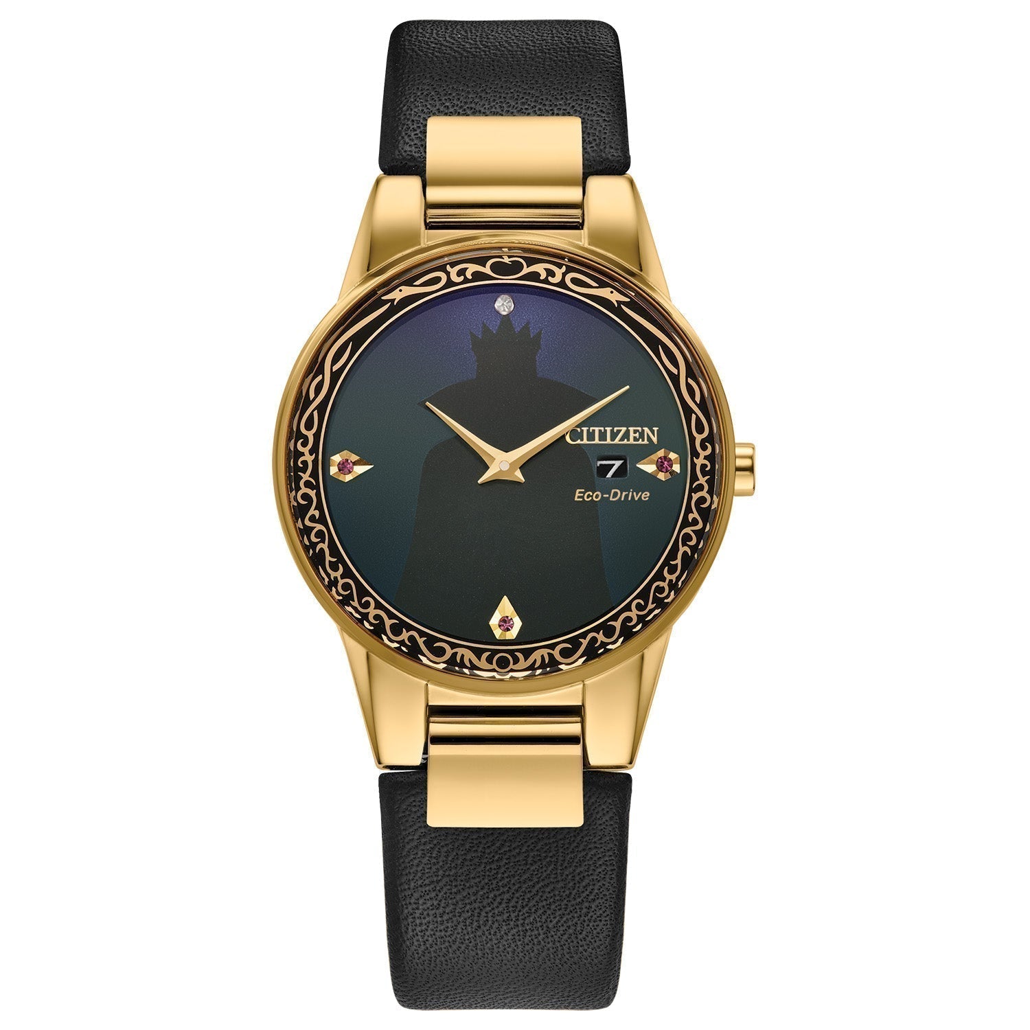 Citizen Eco-Drive Disney Evil Queen Shadow Watch GA1082-46W featuring a 29.5mm gold-tone stainless steel case, deep black dial with Evil Queen design, crystal markers, and black leather strap—front view.​