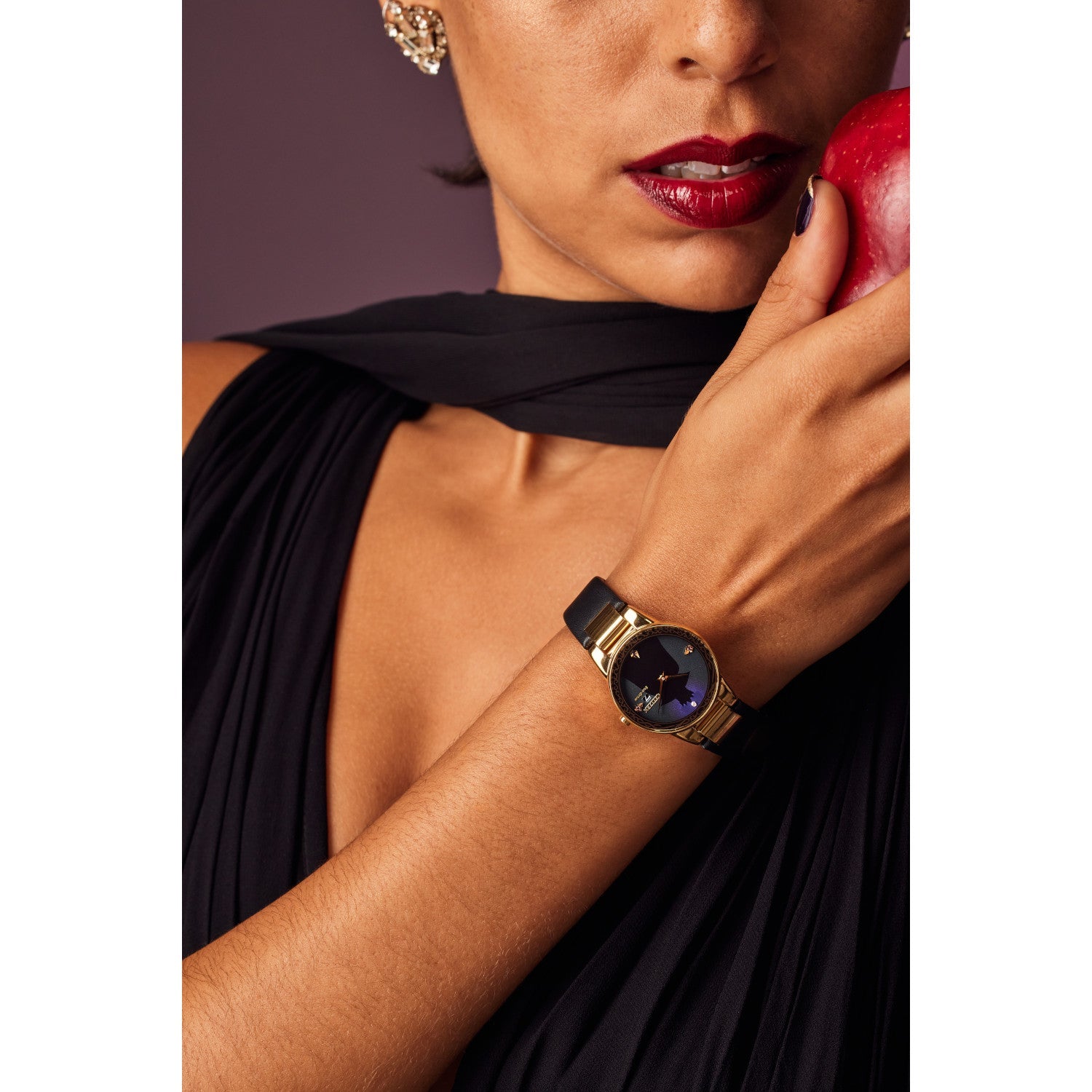  Model wearing the Citizen Eco-Drive Disney Evil Queen Shadow Watch GA1082-46W, demonstrating its elegant presence on the wrist.