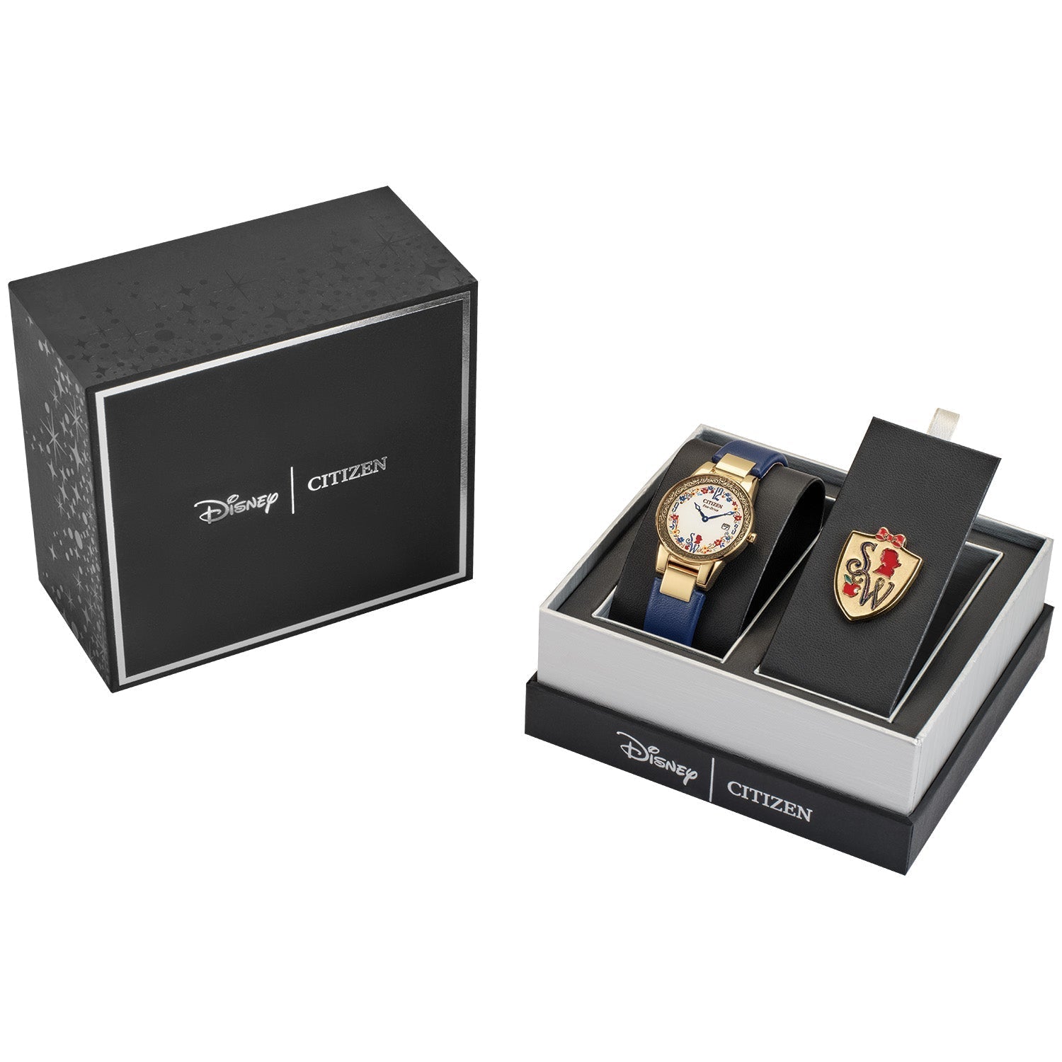Citizen Women's Disney Snow White Flora Watch GA1079-41W in its branded packaging with a coat of arms-style pin.