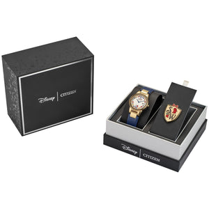 Citizen Women's Disney Snow White Flora Watch GA1079-41W in its branded packaging with a coat of arms-style pin.