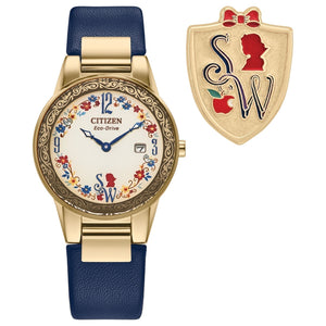Citizen Disney Snow White Flora Eco-Drive Watch GA1079-41W with a 30mm gold-tone stainless steel case, pale gold dial featuring Snow White decorations, and blue leather strap—front view.