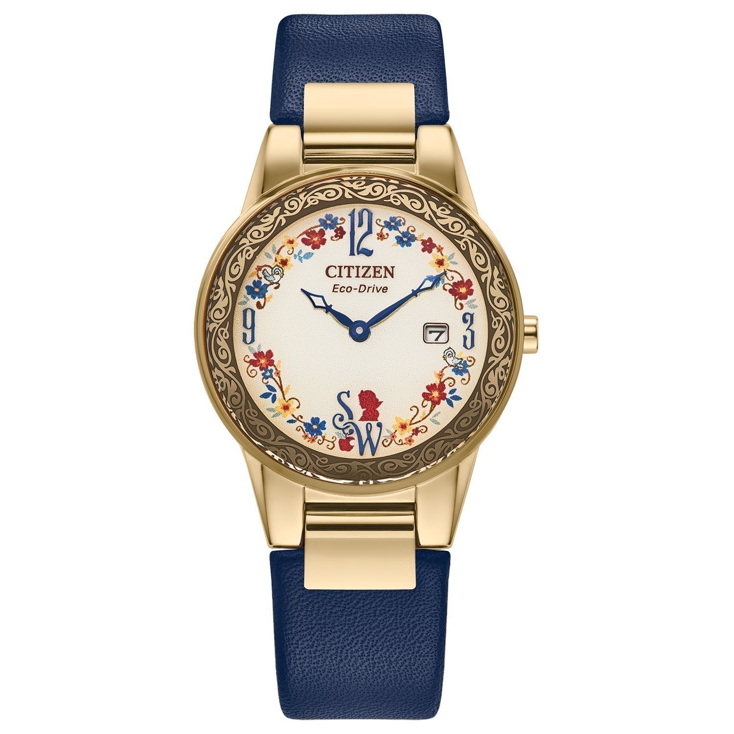 Citizen Disney Snow White Flora Eco-Drive Watch GA1079-41W with a 30mm gold-tone stainless steel case, pale gold dial featuring Snow White decorations, and blue leather strap—front view.