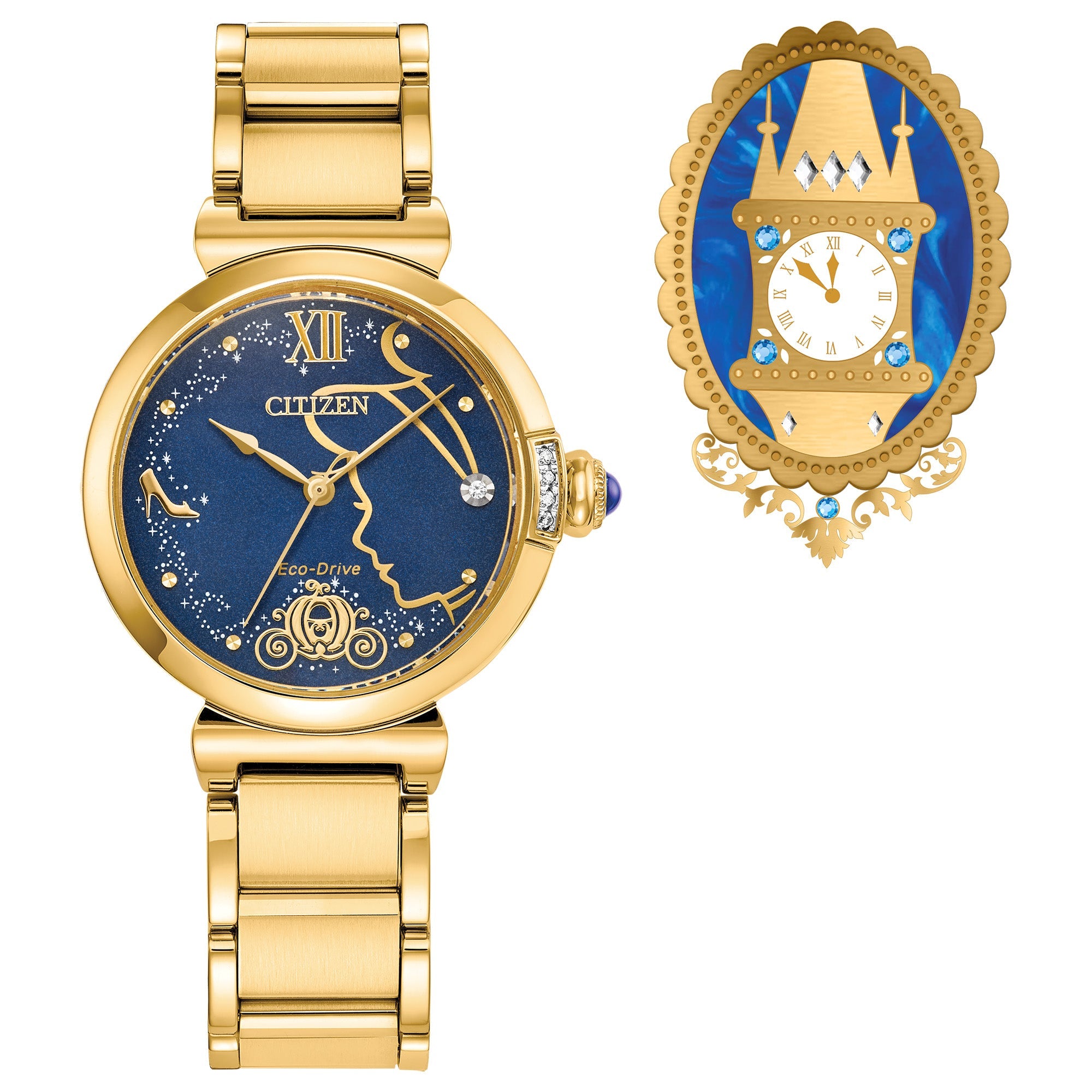 Citizen EM1068-69W front view with gold-tone stainless-steel case, deep blue sun-ray dial with Cinderella motifs, diamond-accent bezel, and gold-tone bracelet.