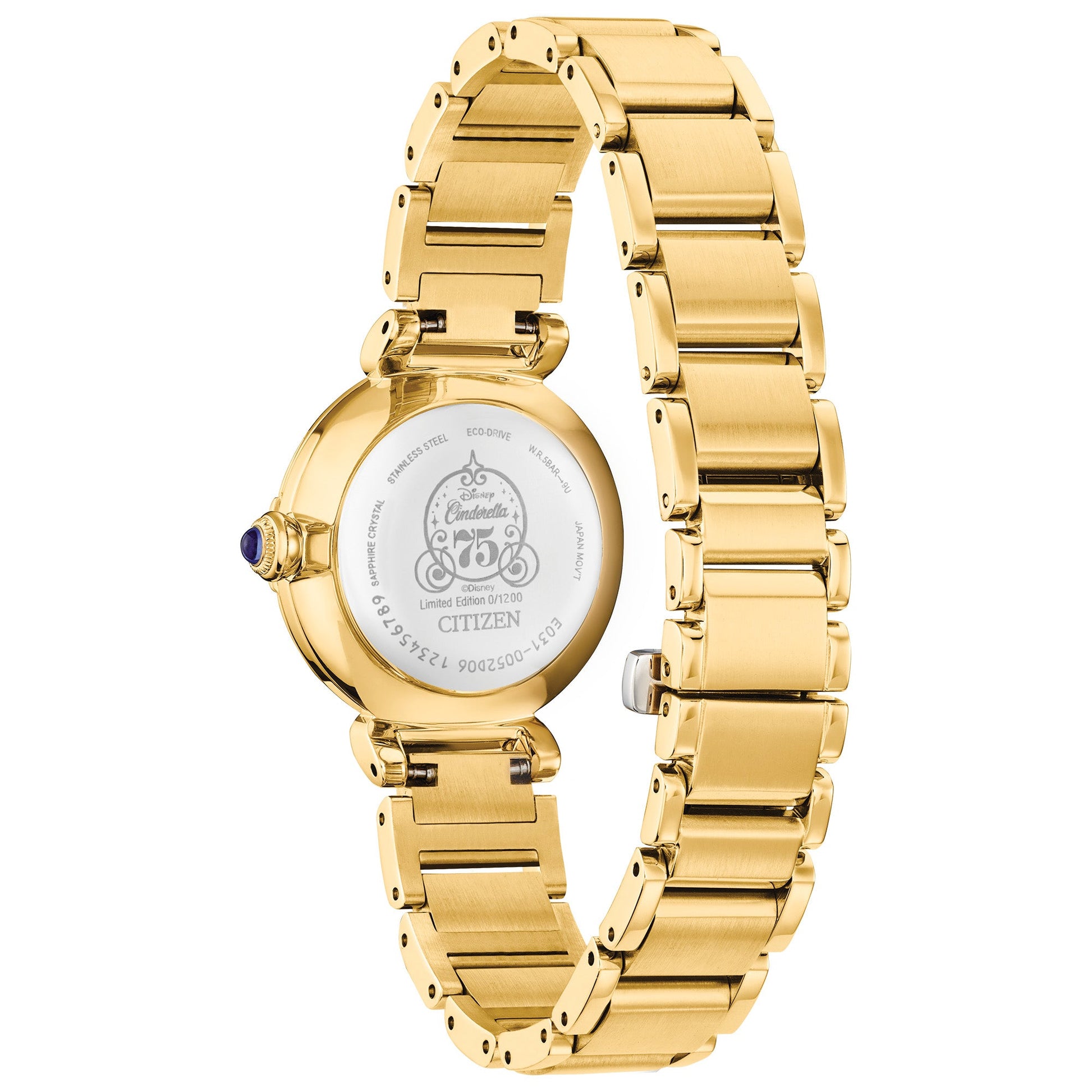 Back view of EM1068-69W revealing engraved case-back with Cinderella clock-tower motif and matching gold-tone bracelet.