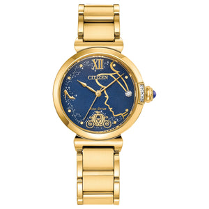 Citizen EM1068-69W front view with gold-tone stainless-steel case, deep blue sun-ray dial with Cinderella motifs, diamond-accent bezel, and gold-tone bracelet.