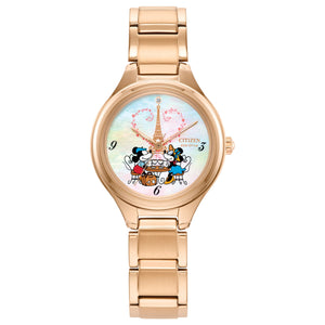 Citizen FE2103-52D front view showing rose-gold-tone stainless steel case and bracelet, Mickey & Minnie illustrated dial with Eiffel Tower motif, and raised spherical mineral crystal.