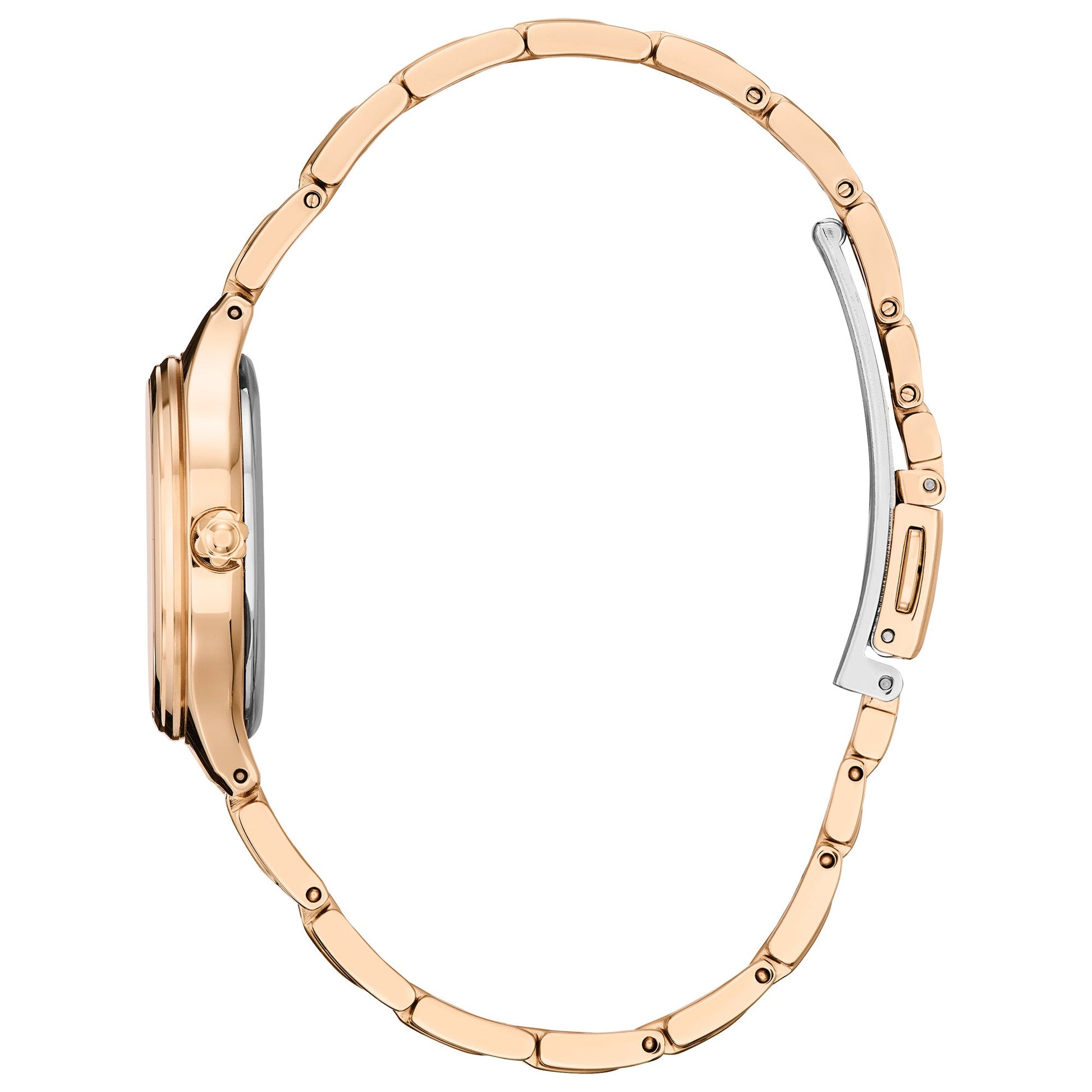 Side profile of Citizen FE2103-52D highlighting the rose-gold-tone case, slim lug design and integrated bracelet links.