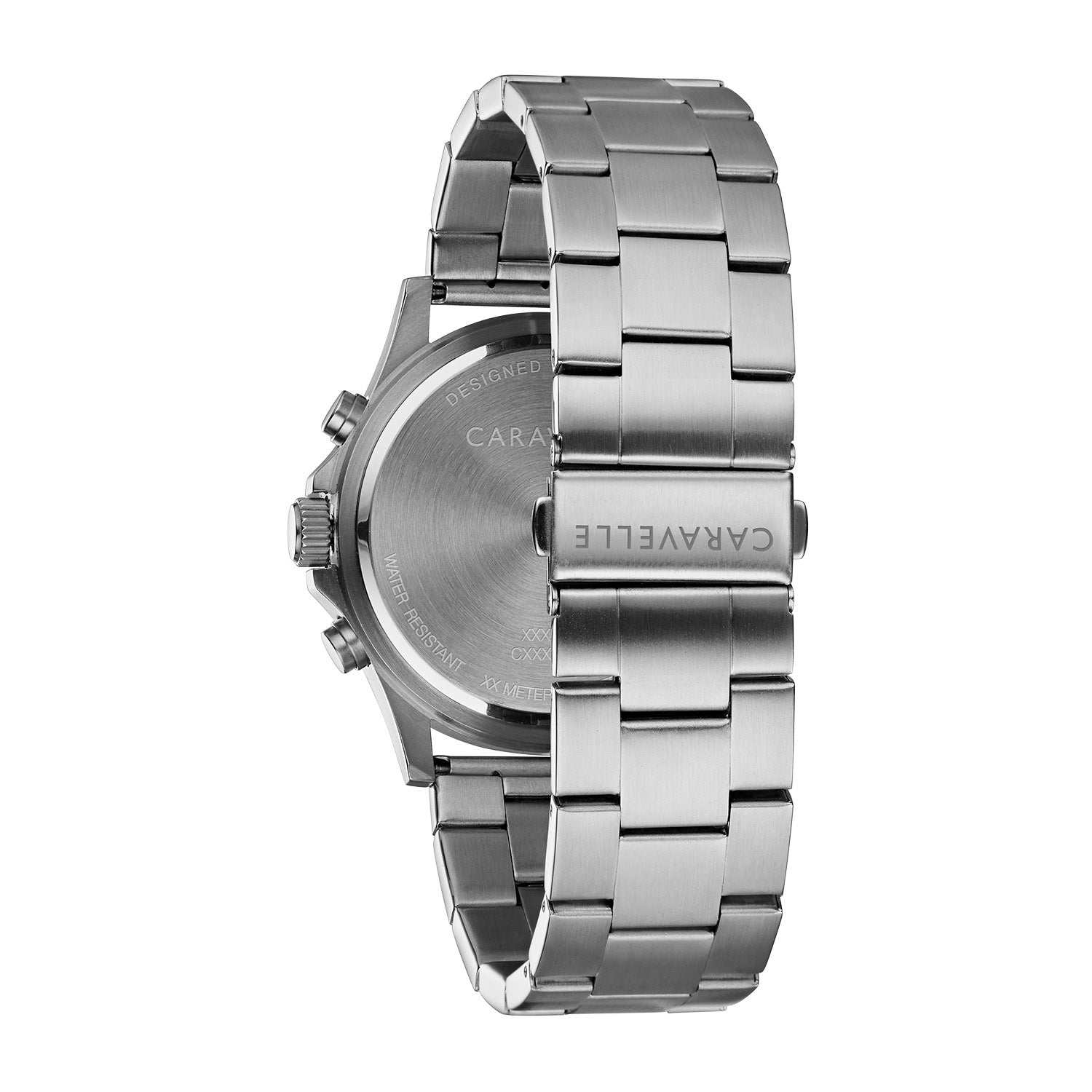 Rear view of the Caravelle 43A145, showcasing the stainless steel case back and bracelet with fold-over clasp.