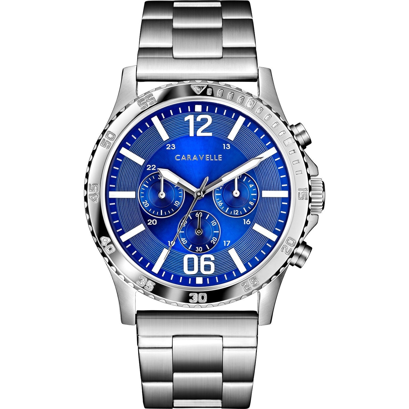 Caravelle by Bulova 43A145 watch featuring a 44mm stainless steel case, blue dial with chronograph sub-dials, and a stainless steel bracelet—front view.