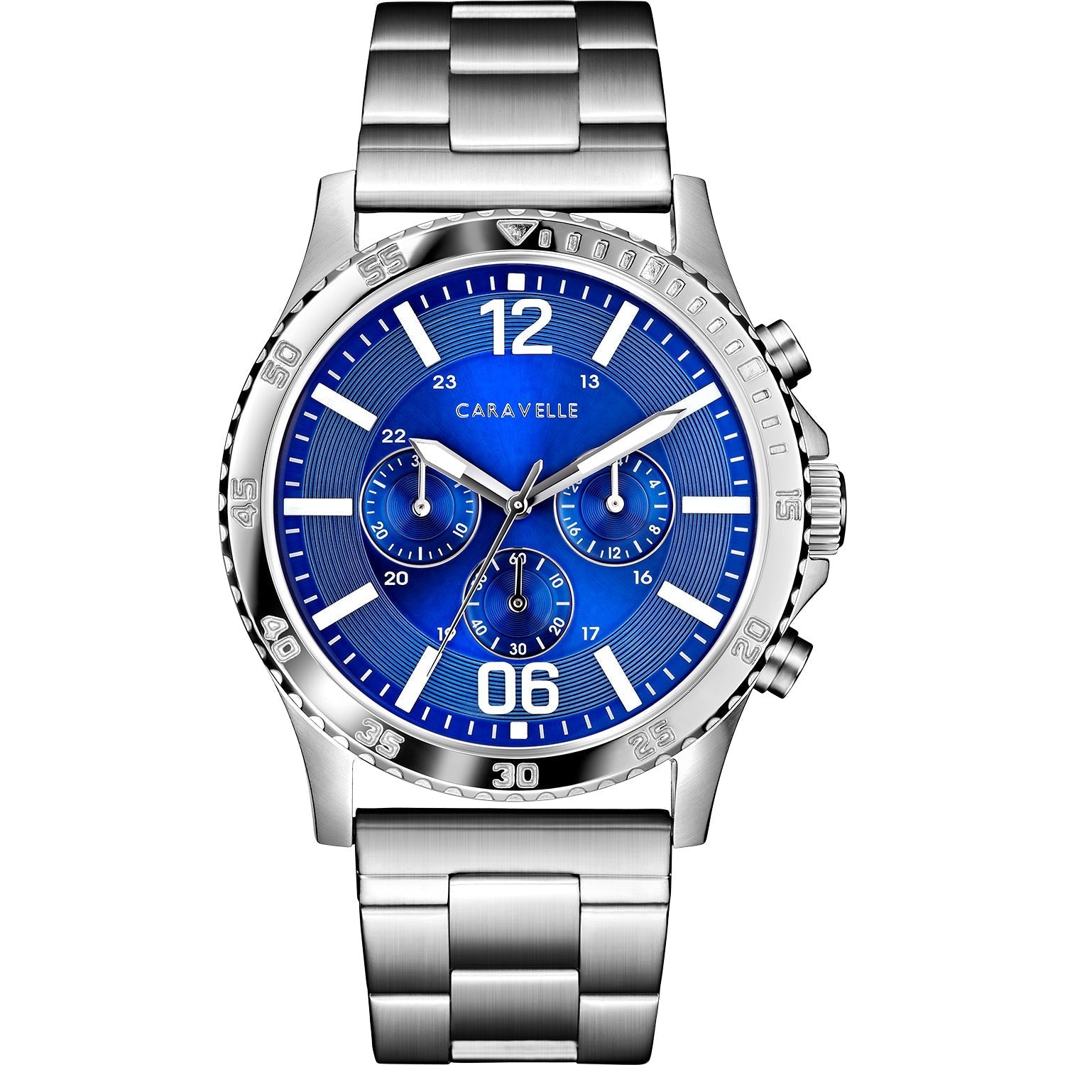 Caravelle by Bulova 43A145 watch featuring a 44mm stainless steel case, blue dial with chronograph sub-dials, and a stainless steel bracelet—front view.