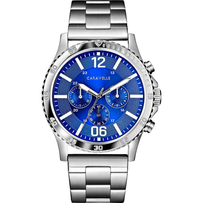 Caravelle by Bulova 43A145 watch featuring a 44mm stainless steel case, blue dial with chronograph sub-dials, and a stainless steel bracelet—front view.