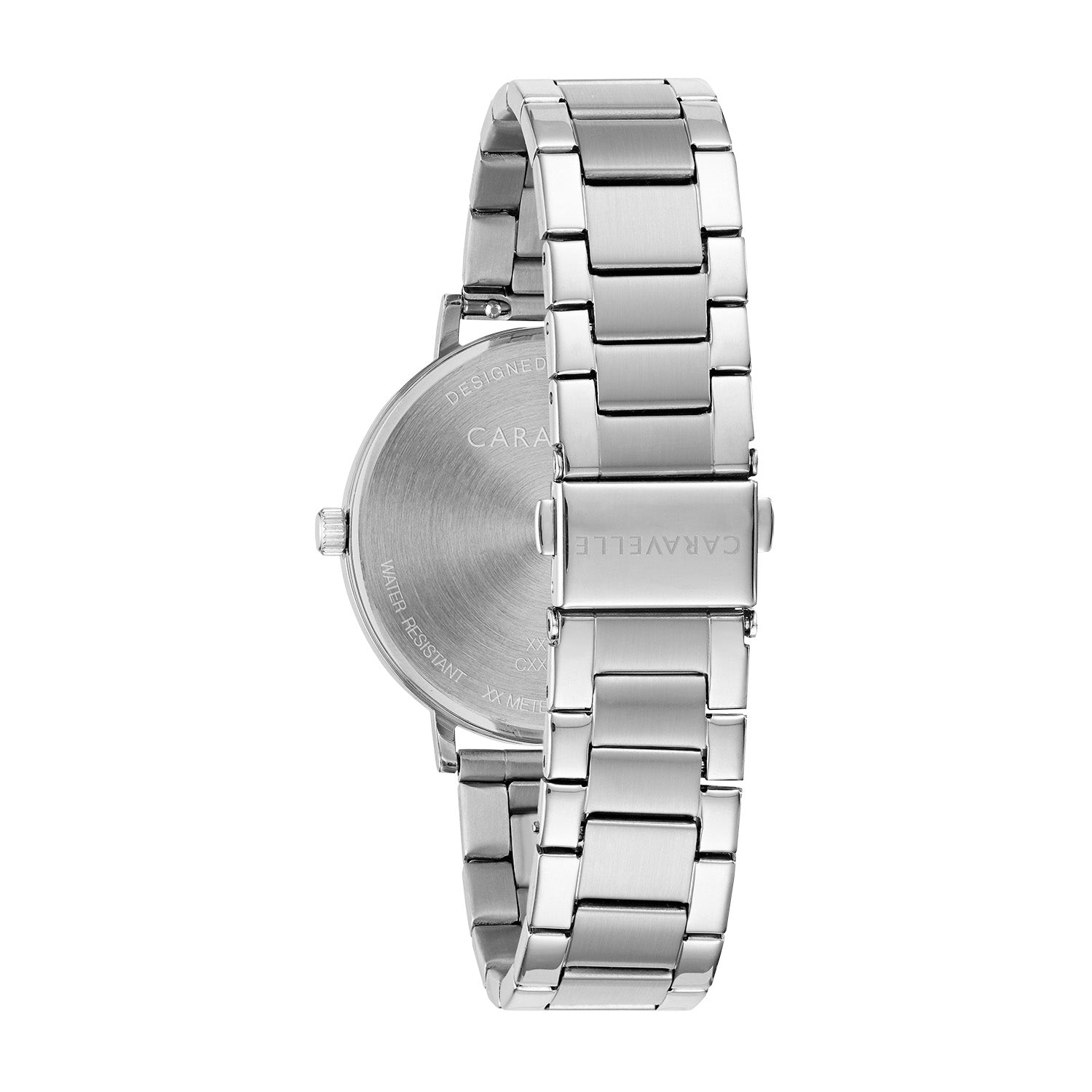 Back view of the Caravelle by Bulova 43A150, highlighting the stainless steel bracelet and clasp.