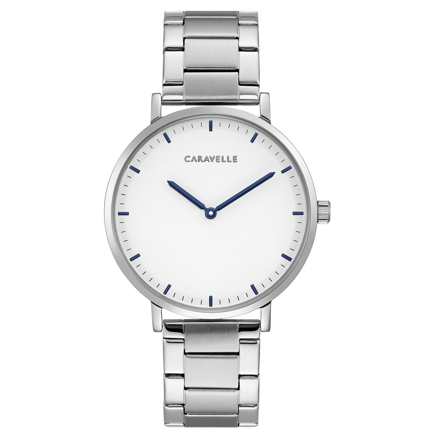 Caravelle by Bulova 43A150 men's watch with stainless steel case, white dial, and metallic blue hands and hour markers—front view.