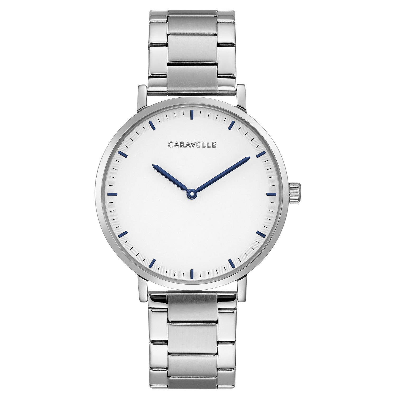 Caravelle by Bulova 43A150 men's watch with stainless steel case, white dial, and metallic blue hands and hour markers—front view.