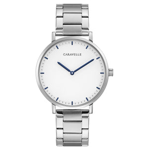 Caravelle by Bulova 43A150 men's watch with stainless steel case, white dial, and metallic blue hands and hour markers—front view.